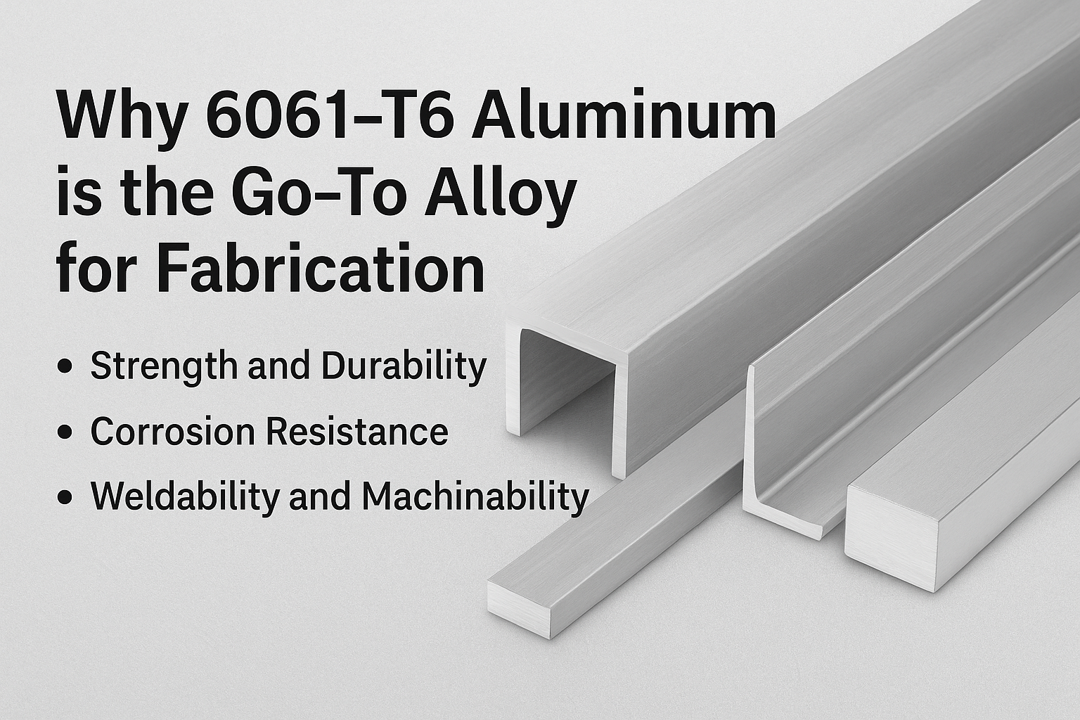 6061-T6 aluminum extrusions including angle, square tube, round tube, channel, and flat bar displayed on a workshop table, highlighting their clean metallic finish and versatility for fabrication.